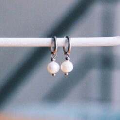 SS351 - RVS creolen met zoetwaterparel druppel - zilver