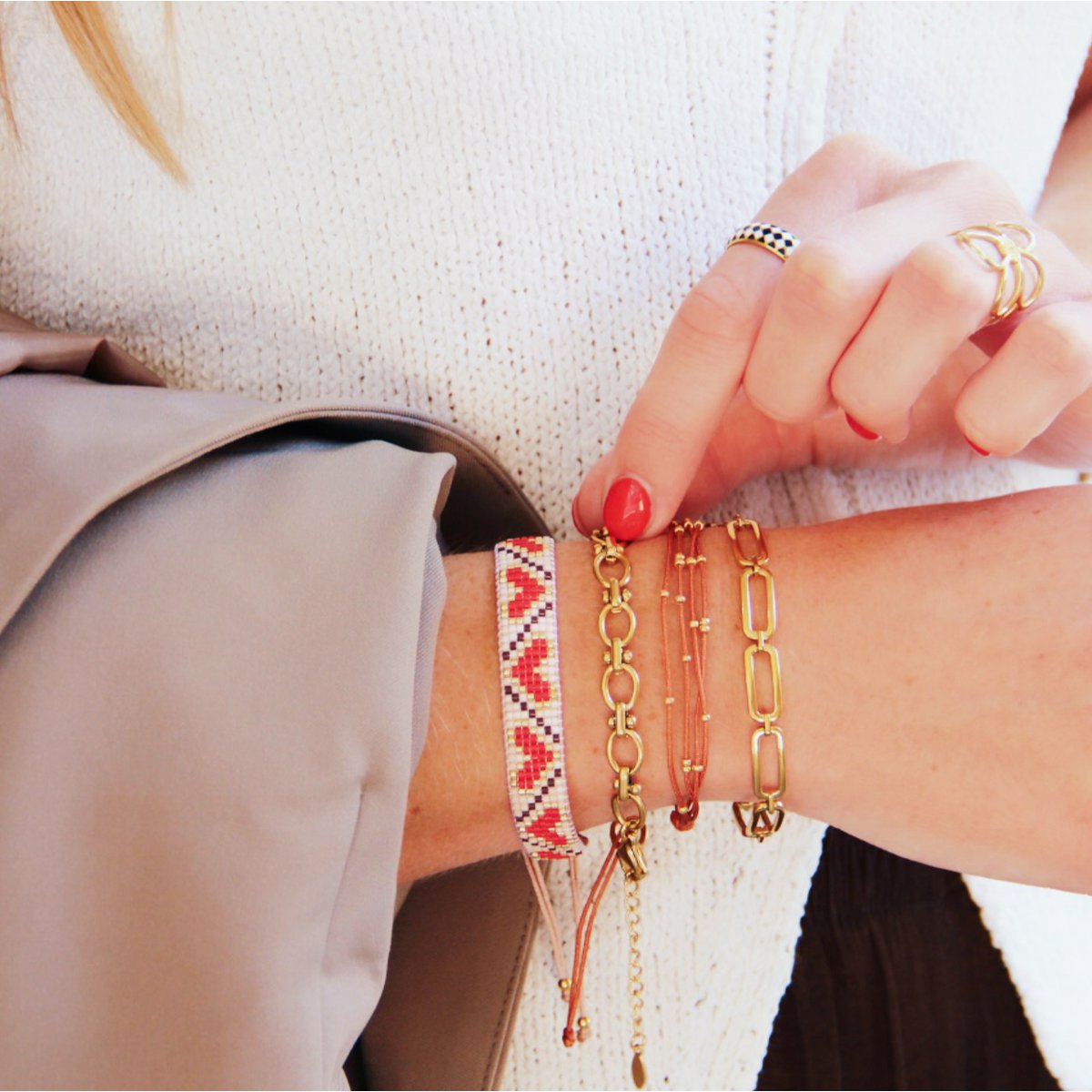 Hartpatroon geweven armband - rood/bruin - Afbeelding 3