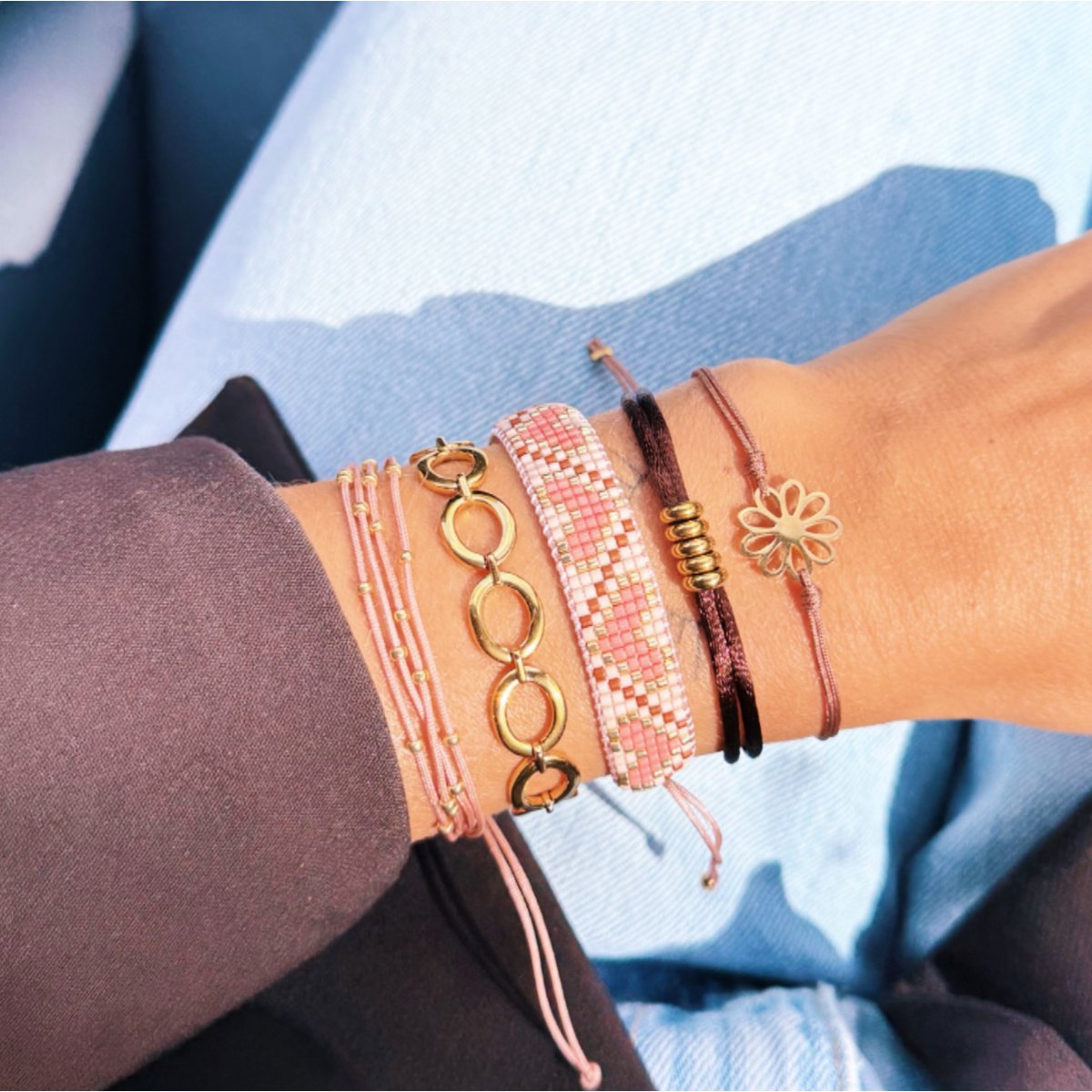 Hartpatroon geweven armband - Coral/cognac - Afbeelding 3