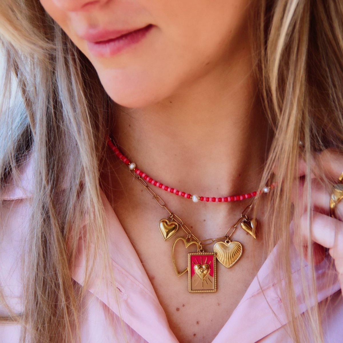 Kralen ketting met parels - rood/roze - Afbeelding 3