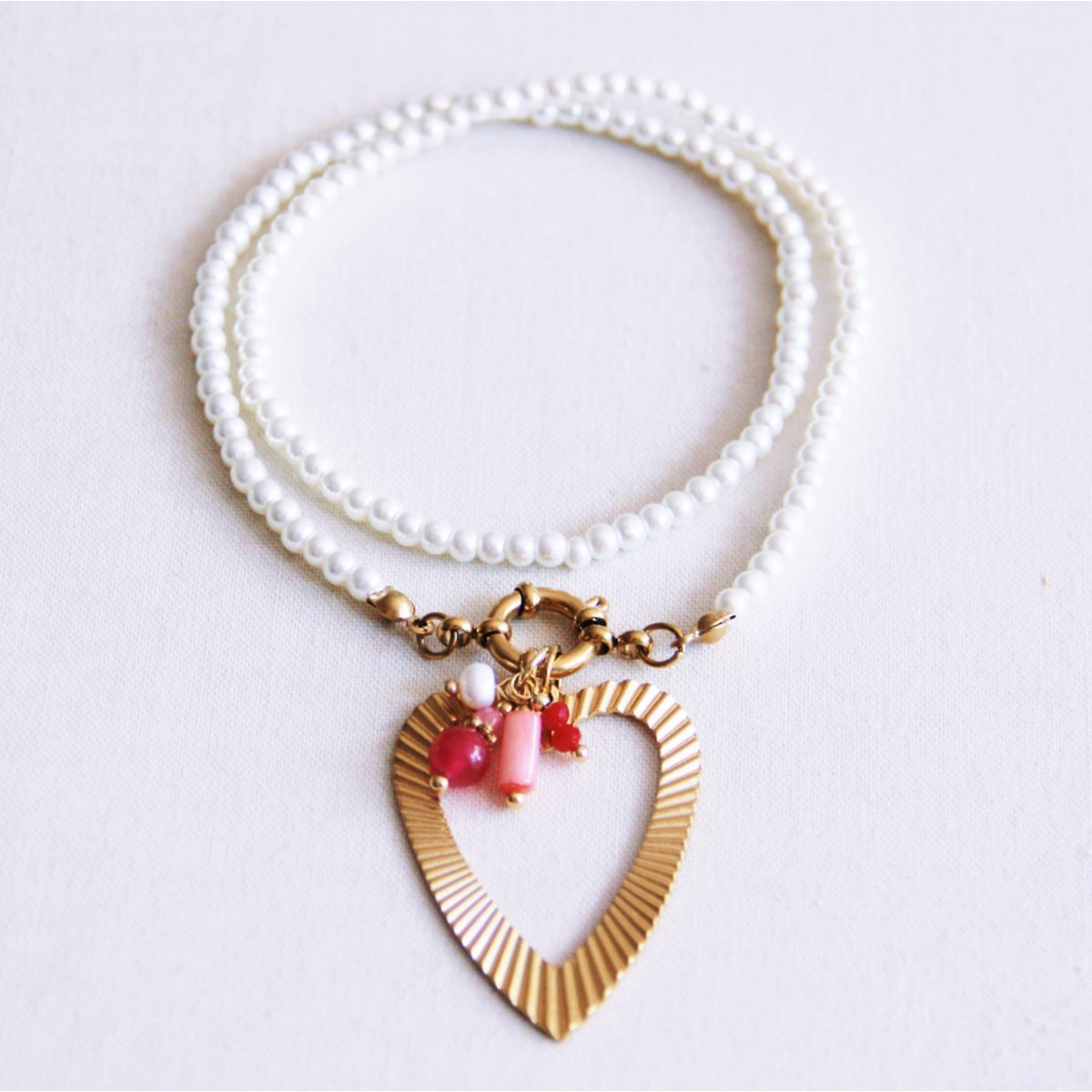 Parelsketting met hart en cluster - bordeaux/roze - Afbeelding 2