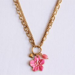 Dubbele linkketen met bloem, hart en natuursteen - roze