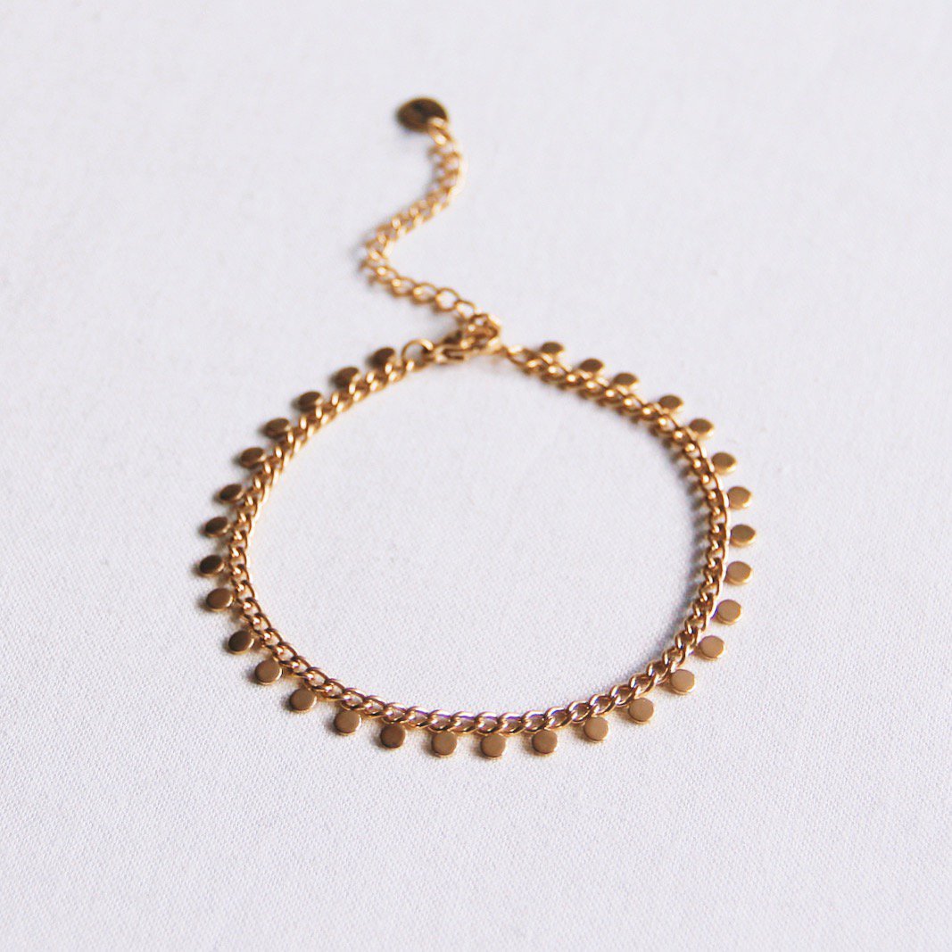 SA832: Stalen schakelarmband met muntjes - goud