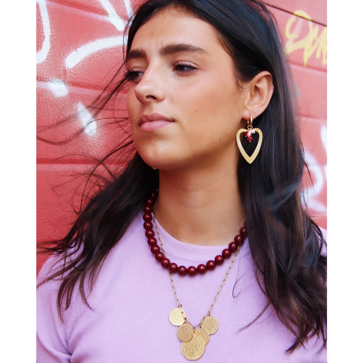 Oorrel met een cluster van edelstenen en een open hart - roze mix - Afbeelding 4