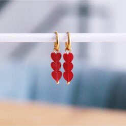 Roestvrijstalen hoepel oorbellen met 3 Natural Stone Hearts - BourgondiΓ«