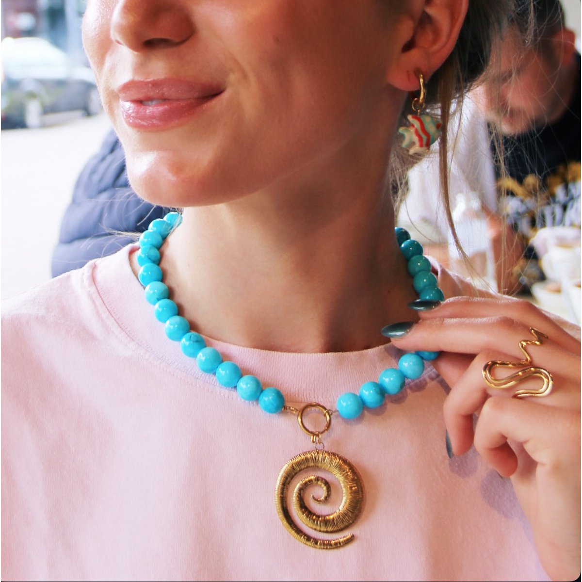 Natuurlijke stenen kralenketting xl - turquoise - Afbeelding 2