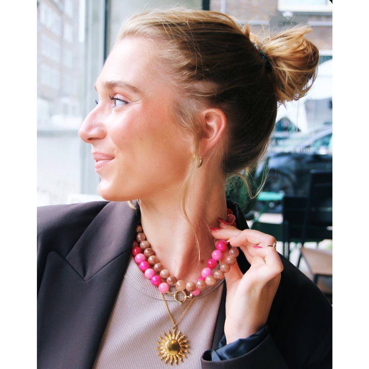 Natural Stone Bead ketting XL - Meng oranje/lichtroze/fuchsia - Afbeelding 3