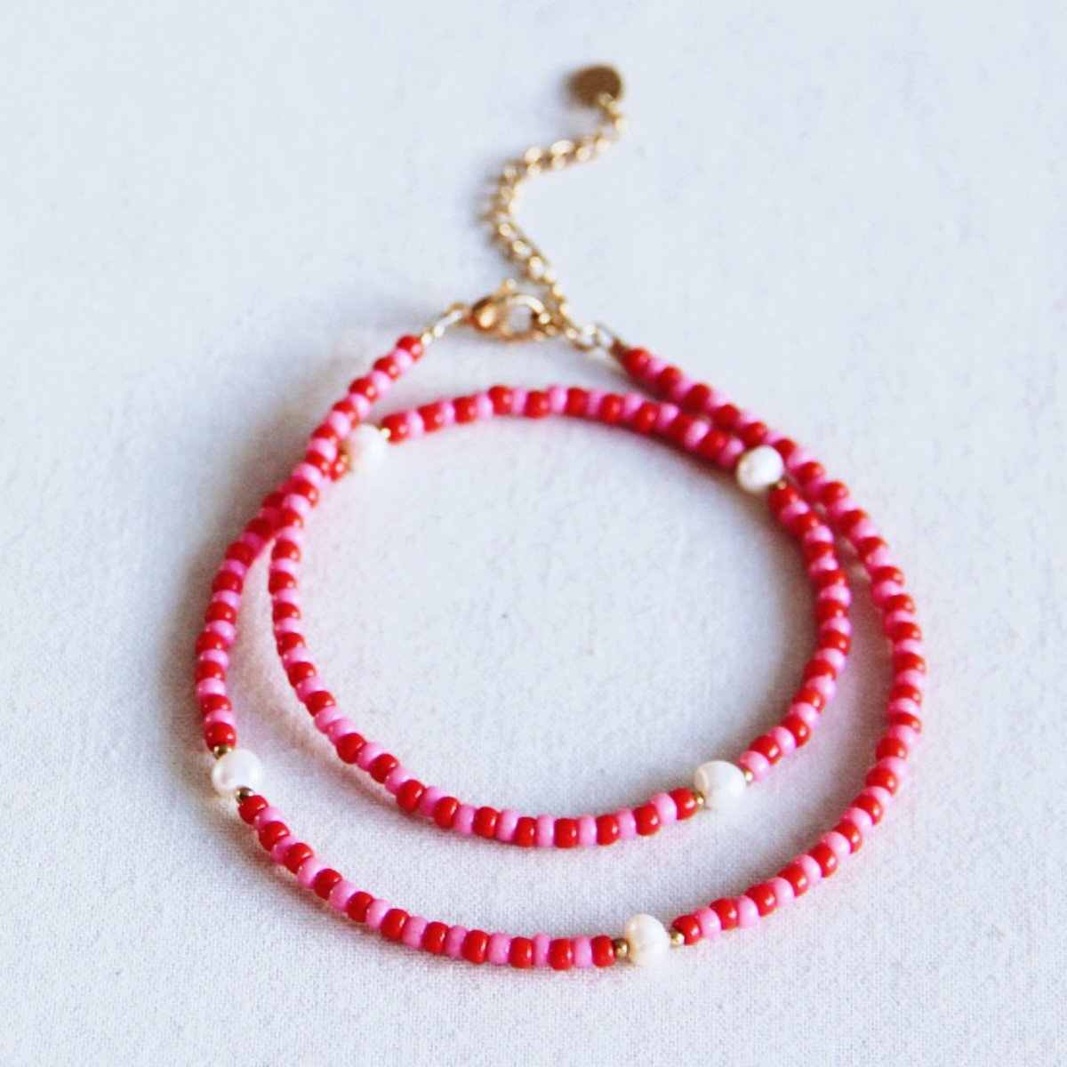 Kralen ketting met parels - rood/roze - Afbeelding 2