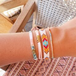 Alternative view of Satijnen armband met ringen - zalm/goud