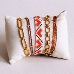 Alternative view of Viervoudige satijnen armband met kralen - cognac