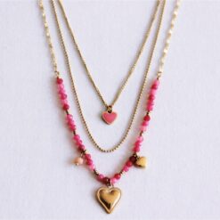 Drievoudige ketting met harten - roze/goud