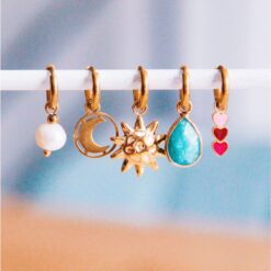 Alternative view of Roestvrijstalen hoepel oorbellen met ronde maan charme