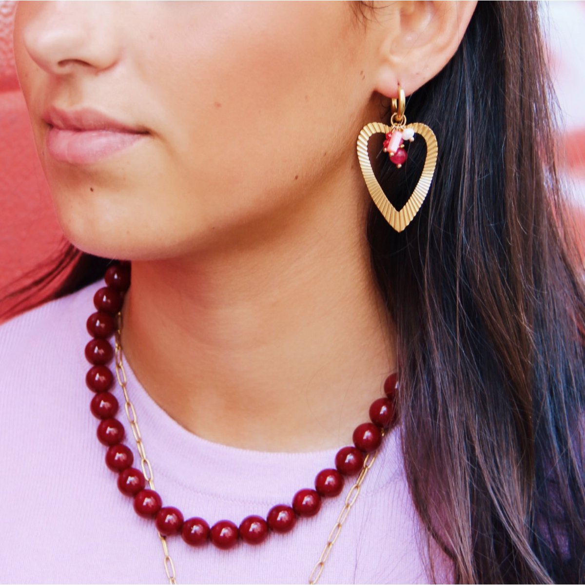 Oorrel met een cluster van edelstenen en een open hart - roze mix - Afbeelding 3