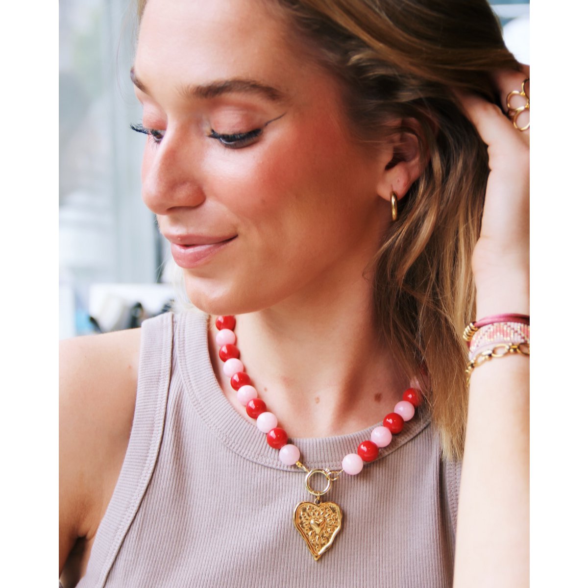 Natuurlijke stenen kralenketting xl - rood/roze - Afbeelding 3