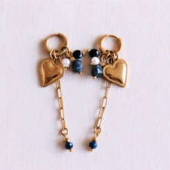 Oorbel met hartje, cluster edelstenen en ketting - zwart/antraciet