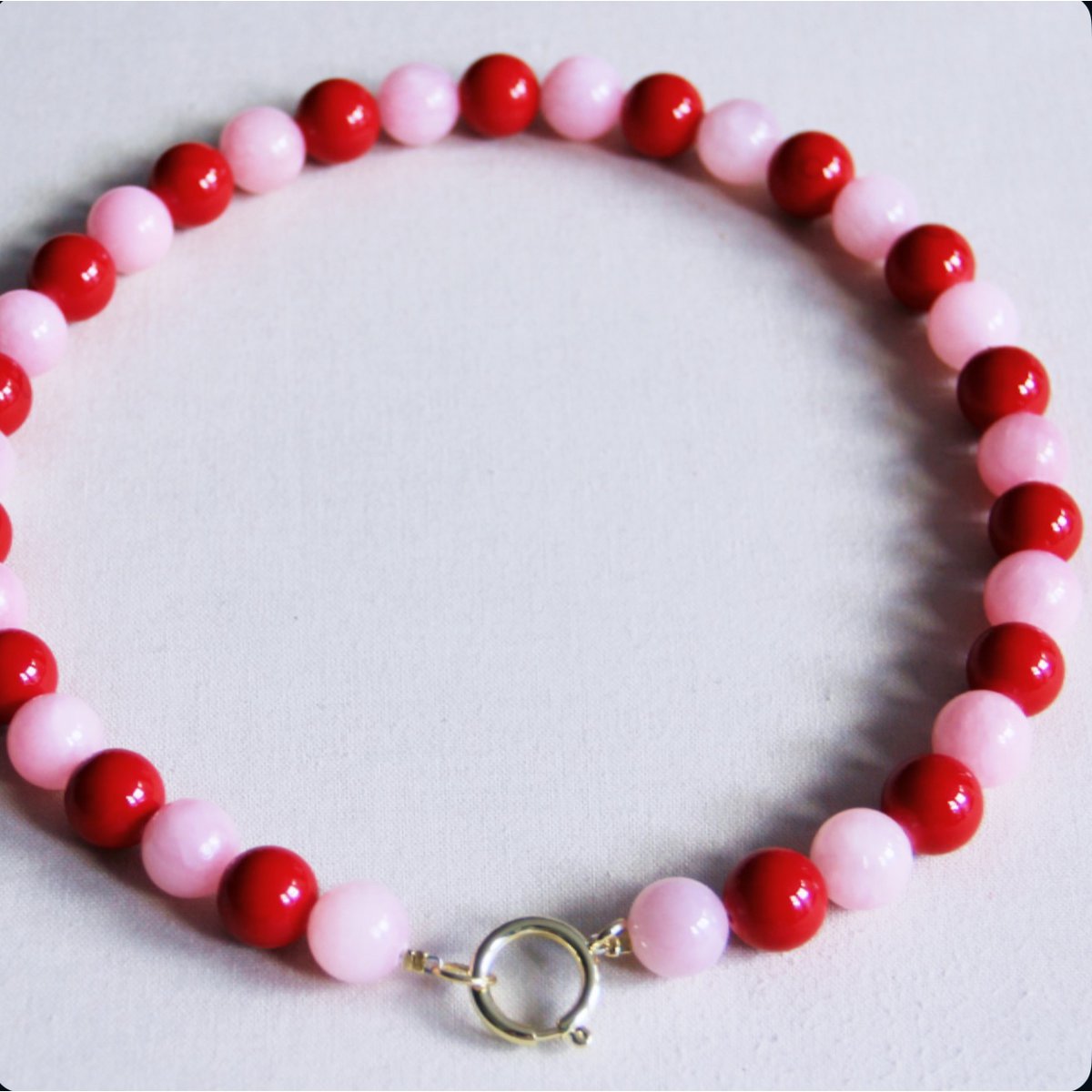 Natuurlijke stenen kralenketting xl - rood/roze