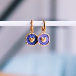 RVS oorringen met rond hart bedel - paars/goud