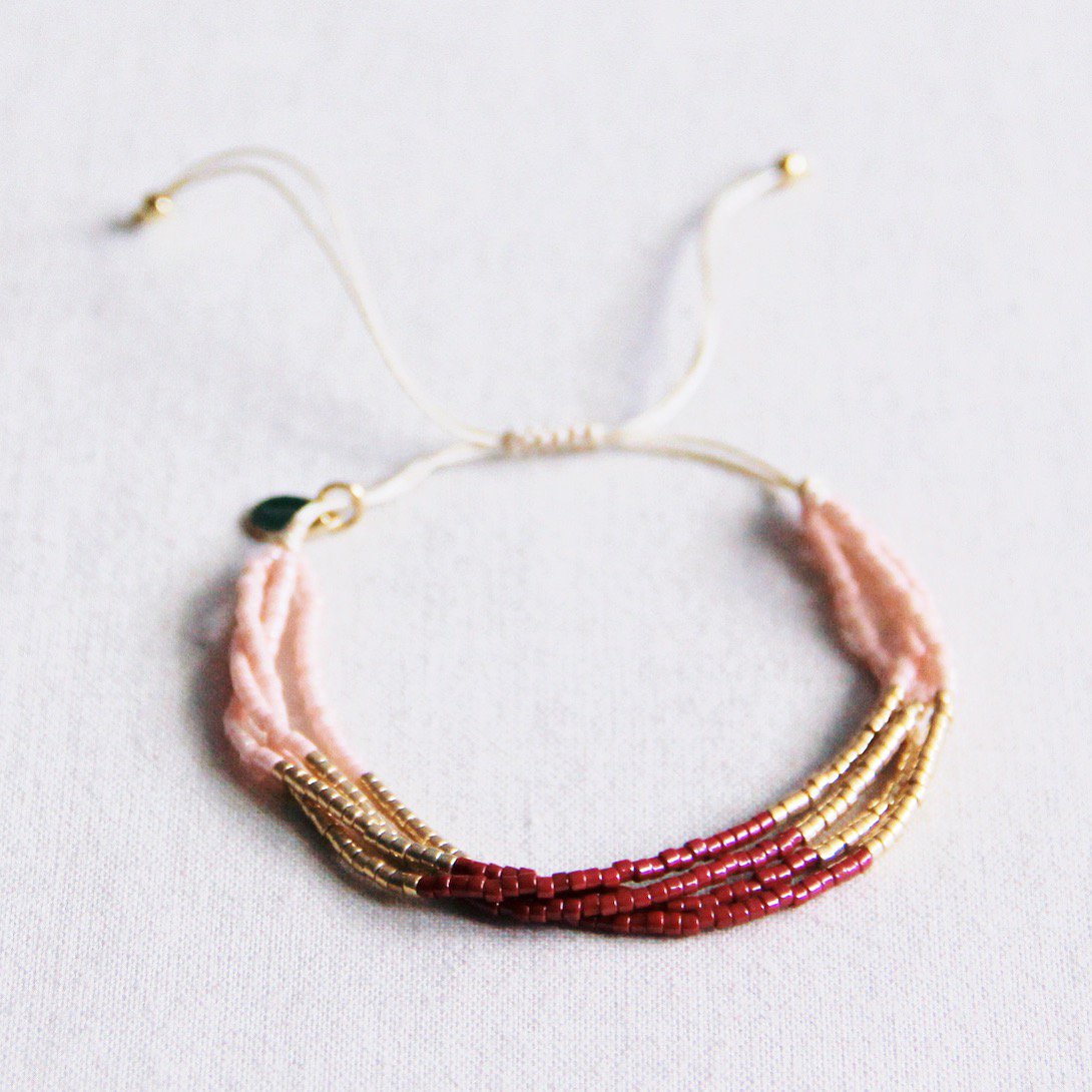 Viervoudige Miyuki -armband - Bordeaux/lnude/Goldplated