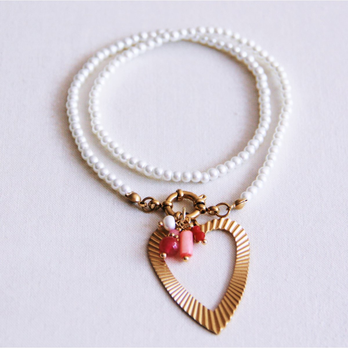 Parelsketting met hart en cluster - bordeaux/roze