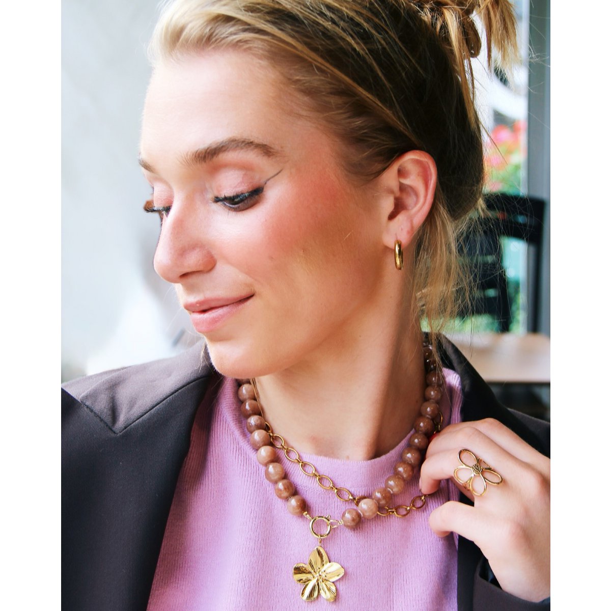 Natuurlijke stenen kralenketting xl - bruin - Afbeelding 3