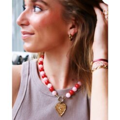 Alternative view of Natuurlijke stenen kralenketting xl - rood/roze