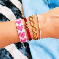 Alternative view of Satijnen armband met ringen - BourgondiΓ«/goud