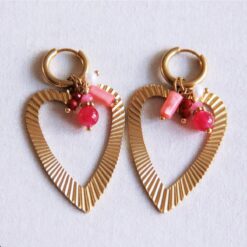 Oorrel met een cluster van edelstenen en een open hart - roze mix