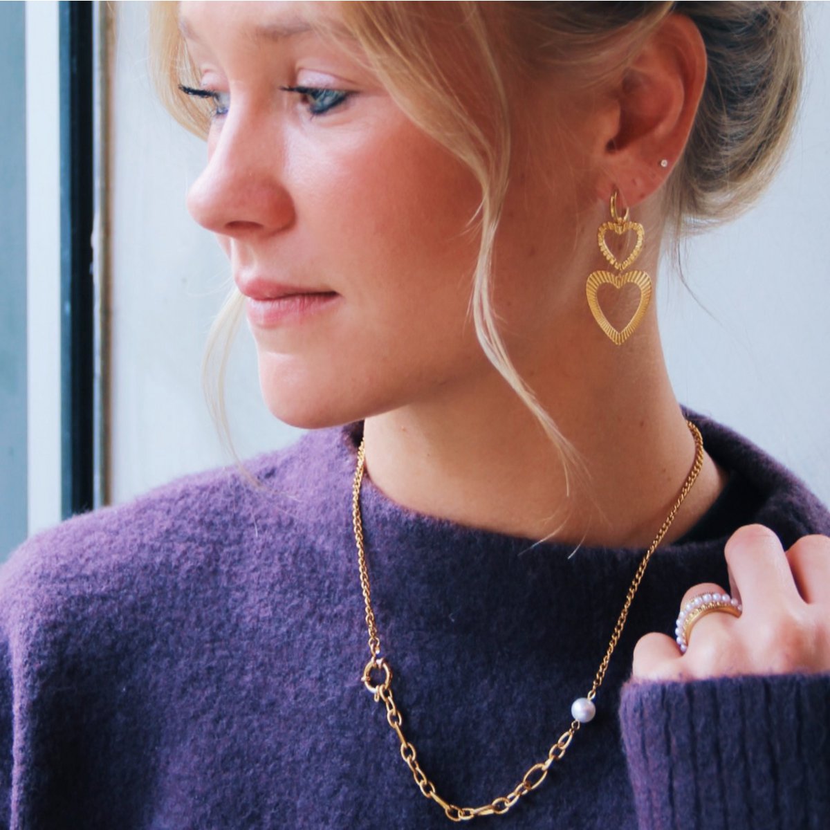 Schakelketting met ronde sluiting, parel en versierde schakels - Afbeelding 2