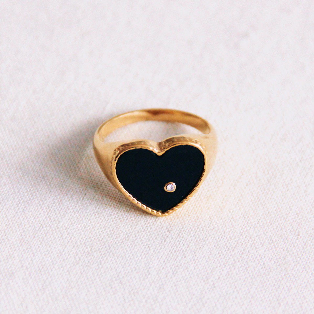 Stalen ring hart - zwart