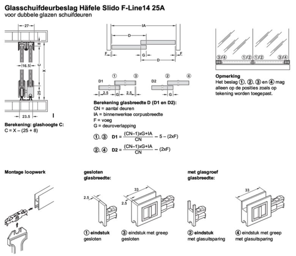 Schuifruiten beslag 2500 mm set – incl. optie glas of spiegel – Mat aluminium - Afbeelding 10